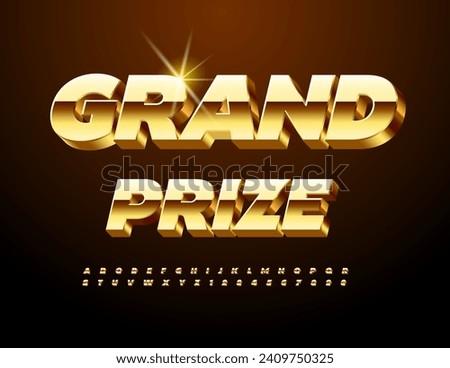 Vector trendy Emblem Grand Prize. Chic Modern Font. Cool Gold 3D Alphabet Letters and Numbers set.