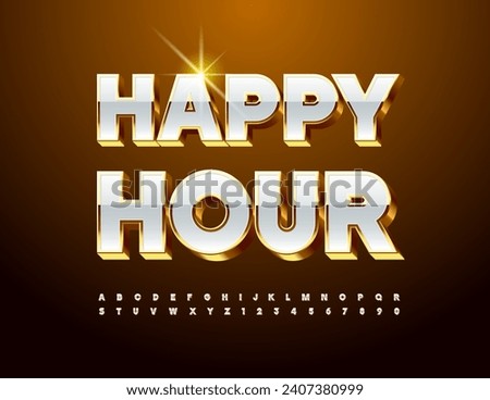 Vector trendy Emblem Happy Hour. Modern Exclusive 3D Font. Premium Alphabet Letters and Numbers.