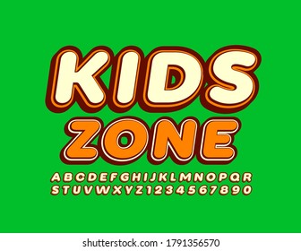 Zona infantil de emblema de moda vectorial. Letra moderna para niños. Conjunto de letras y números de alfabeto