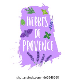 Vector trendy emblem for the packaging of Provence herbs (french). Herbal seasoning and handwritten  lettering on paint stain.