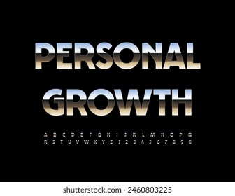 Vector trendy emblem Personal Growth. Reflective Silver Font. Metallic set of Alphabet Letters and Numbers.