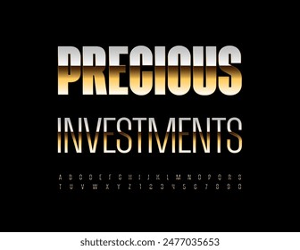 Vector trendy emblem Precious Investments. Elite Gold Font. Exclusive Slim Alphabet Letters and Numbers set.