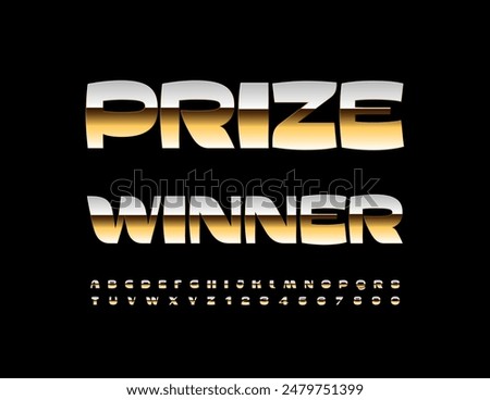 Vector trendy emblem Prize Winner. Elite Gold Font. Modern cool Alphabet Letters and Numbers set.