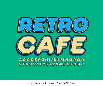 Emblema vectorial de moda Retro Cafe. Tipo de letra Hipster. Juego de letras y números de alfabeto decorativo amarillo
