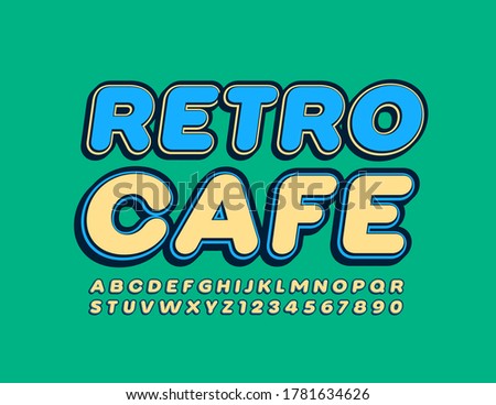 Vector trendy emblem Retro Cafe. Hipster Style Font. Yellow decorative Alphabet Letters and  Numbers set