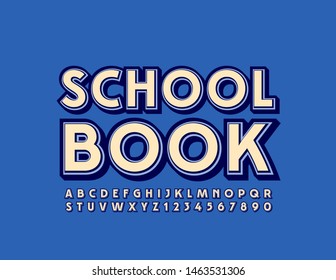 Vector trendy emblem School Book with Uppercase Alphabet Letters and Numbers. Retro style Font