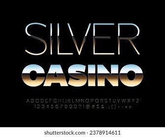 Vector trendy Emblem Silver Casino. Unique metallic Font. Slim Elegant Alphabet Letters, Numbers and Symbols.