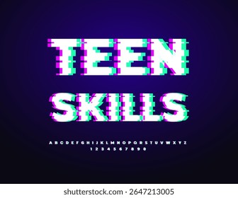 Vetor Trendy emblema habilidades adolescentes. Fonte de pixels com falha. Letras e Números Alfabéticos Digitais Brilhantes definidos.