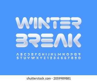 Vector de moda Emblem Winter Break. Fuente blanca original. Letras, números y símbolos de alfabeto brillante. 