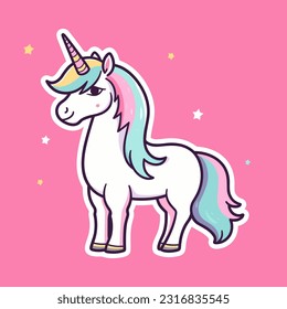 Vector trendy fairy cute cartoon beautiful unicorn with stars character sticker isolated on white background. Design for child card, t-shirt, pattern, print etc