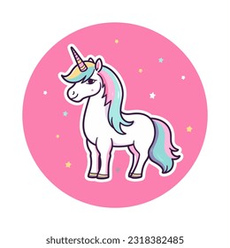 Vector trendy fairy cute cartoon beautiful unicorn with stars character sticker isolated on white background. Design for child card, t-shirt, pattern, print etc