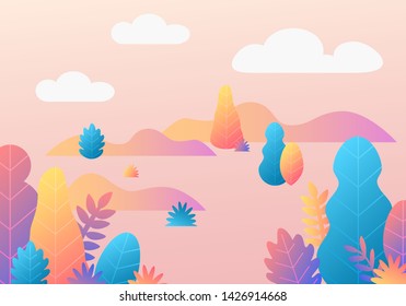 Vector trendy fantasy background with plants. Modern illustration with trees, leaves. Flat design with gradient colours