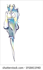 vector trendy fashion digital creative graphic background with sketch of business girl at work in white blouse