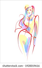 moda vectorial moda digital creativo fondo gráfico con boceto de empresaria en el trabajo en blusa blanca