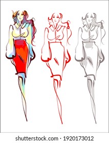 moda vectorial moda digital creativa conjunto con boceto de empresaria en el trabajo en blusa blanca