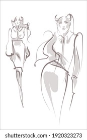moda vectorial moda digital creativa conjunto con boceto de empresaria en el trabajo en blusa blanca