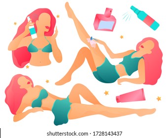 Vector trendy fashion flat set of young happy pretty woman doing beauty spa procedure enjoy sunbathing in swimsuit bikini. Summer preparation for beach. Pink haired smiling girl shaving leg, hair care