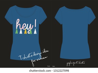 Vector trendy fashion t shirt for girls and woman, pink foil lettering Hey with tassels, decor for clothes