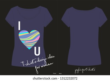 Vector trendy fashion t shirt with lettering I love you with marble textured heart, print for girl or woman