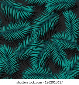 Vector trendy, fashionable seamless pattern. Big green exotic tropical palm leaves of banana or coconut trees on a black background