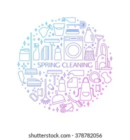 Vector trendy flat cleaning icon set, 'Spring cleaning' concept, poster. Vacuum cleaner, protective gloves, plunger, spray bottle,  wipe, squeegee, sponge, bucket, mop, brush, duster and many more.