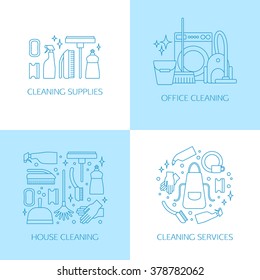 Vector trendy flat cleaning icon set, emblems, logos. Vacuum cleaner, protective gloves, plunger, spray bottle,  wipe, squeegee, sponge, bucket, mop, brush, duster and many more.