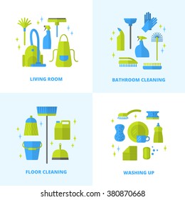 Vector trendy flat cleaning icon set. Vacuum cleaner, protective gloves, plunger, spray bottle,  wipe, squeegee, sponge, bucket, mop, brush, duster and many more.