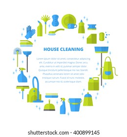 Vector trendy flat cleaning icon set, template, concept. Vacuum cleaner, protective gloves, plunger, spray bottle,  wipe, squeegee, sponge, bucket, mop, brush, duster and many more.