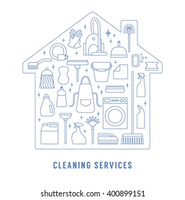 Vector trendy flat cleaning icon set. Includes vacuum cleaner, protective gloves, plunger, spray bottle, wipe, squeegee, sponge, bucket, mop, brush, duster and many more.