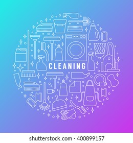 Vector trendy flat cleaning icon set, concept, poster. Vacuum cleaner, protective gloves, plunger, spray bottle,  wipe, squeegee, sponge, bucket, mop, brush, duster and many more.