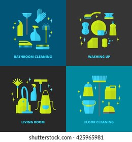 Vector trendy flat cleaning icon set. Vacuum cleaner, protective gloves, plunger, spray bottle,  wipe, squeegee, sponge, bucket, mop, brush, duster and many more.
