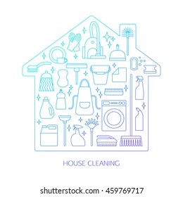Vector trendy flat cleaning icon set. Includes vacuum cleaner, protective gloves, plunger, spray bottle, wipe, squeegee, sponge, bucket, mop, brush, duster and many more.