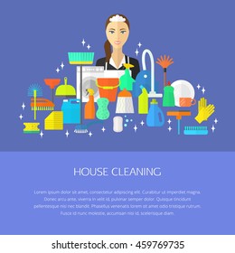 Vector trendy flat cleaning icon set, template, concept. Vacuum cleaner, protective gloves, plunger, spray bottle,  wipe, squeegee, sponge, bucket, mop, brush, duster and many more.