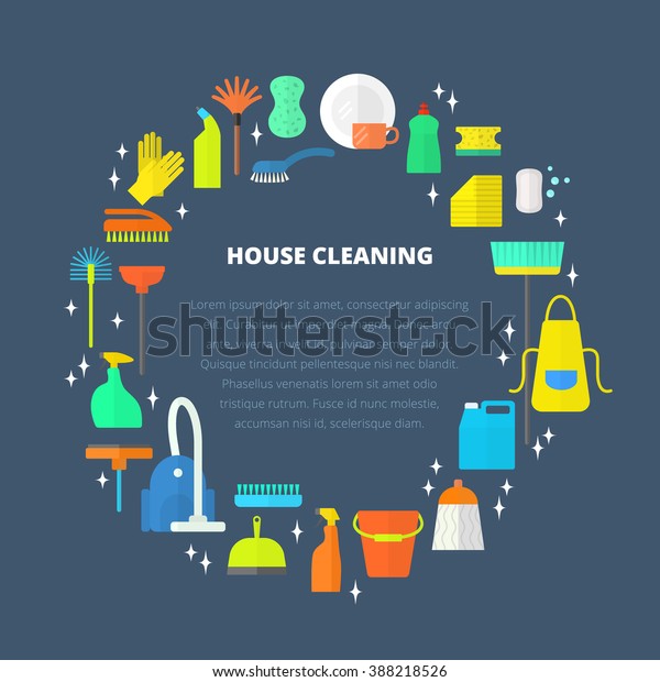 Vector trendy\
flat cleaning icon set, template, concept. Vacuum cleaner,\
protective gloves, plunger, spray bottle,  wipe, squeegee, sponge,\
bucket, mop, brush, duster and many\
more.