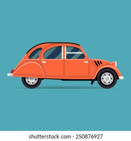 Vector Trendy Flat Design City And Urban Vehicle Icon On Old Classic Vintage European Car, Side View, Isolated