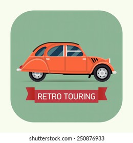 Vector trendy flat design city and urban vehicle icon on retro touring with old classic vintage european car, side view, isolated