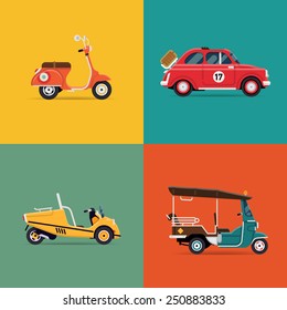 Vector trendy flat design icons on small city and urban exploring and visiting tours transport vehicles with retro scooter, vintage small european car, two seated tourist cart, auto rickshaw