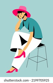 ilustración de diseño plano vectorial de una hermosa muchacha con ropa de moda pantalones blancos y un sombrero rosa se sienta cuidadosamente en un taburete de bar. útil para web, diseño gráfico, impresión, postales, afiches