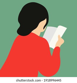 vector trendy flat design very stylized illustration on the theme of reading books and learning. girl in red sweater reads a book isolated on pastel background. for web design, icons, banners, etc.