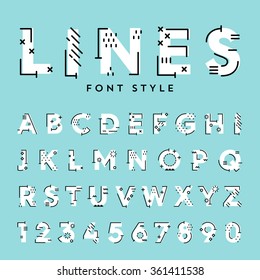 Vector trendy flat font with abstract lines. Latin alphabet from A to Z and numbers from 1 to 0. Beautiful bold typeface with capital letters.
