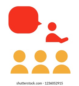 Vector trendy flat glyph icon. One person speaking with others. Illustration for presentation, communication, business, seminars, classes, teaching.