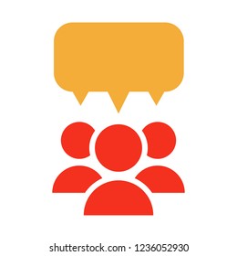 Vector trendy flat glyph icon with 3 people and a speech bubble. Illustration for teamwork, business meeting, conversation and discussion.