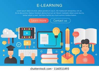 Vector trendy flat gradient color Elearning online learning concept template banner with icons and text.