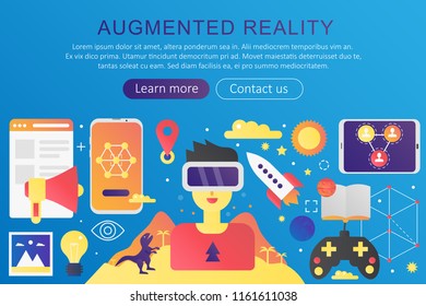 Vector trendy flat gradient color AR Augmented Reality and VR virtual reality concept template banner with icons and text.
