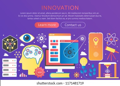 Vector trendy flat gradient color innovation concept template violet banner with icons and text.