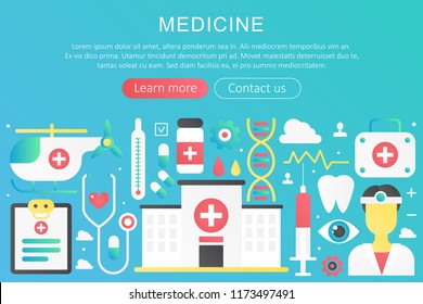Vector trendy flat gradient color medicine concept template banner with icons and text.