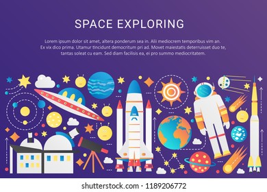 Vector trendy flat gradient space universe infographic elements collection with sun, planets, star spaceships, ufo aliens, astronaut, asteroids vector illustration.