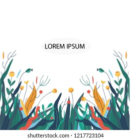 Vector trendy flat style. Cartoon floral background. Plants, leaves, trees and flowers. Perfect floral elements for save the date card. Unique artwork for your design. 