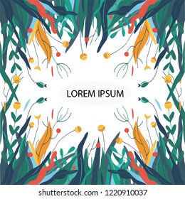 Vector trendy flat style. Cartoon floral background. Plants, leaves, trees and flowers. Perfect floral elements for save the date card. Unique artwork for your design. 