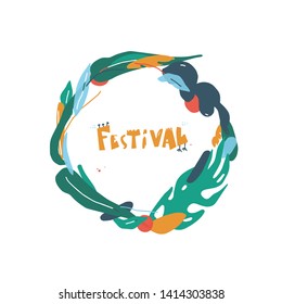 Vector trendy flat style. Cartoon abstract background. Brush, dot. Unique artwork for your design. Circle floral wreath. Music festival.